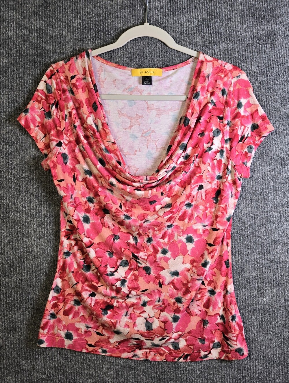 St John Top Womens S Pink Red Floral Santana Knit Weighted Drape Neck Colorful
